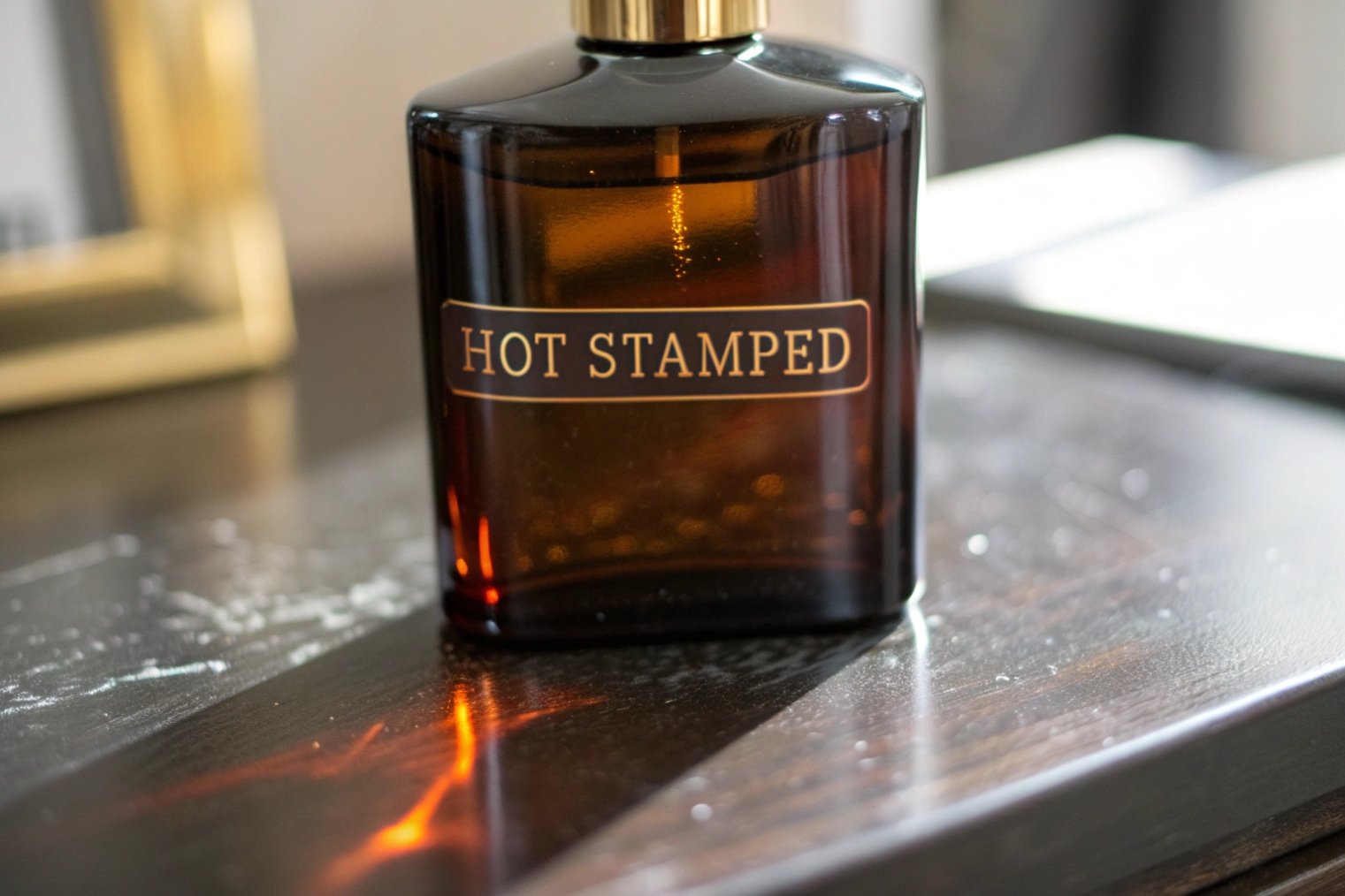 close up amber glass perfume bottle with hot stamped metallic gold logo