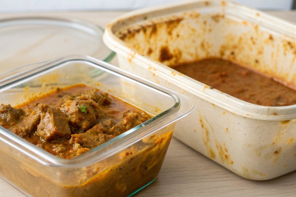 Glass food container with curry food, leftovers