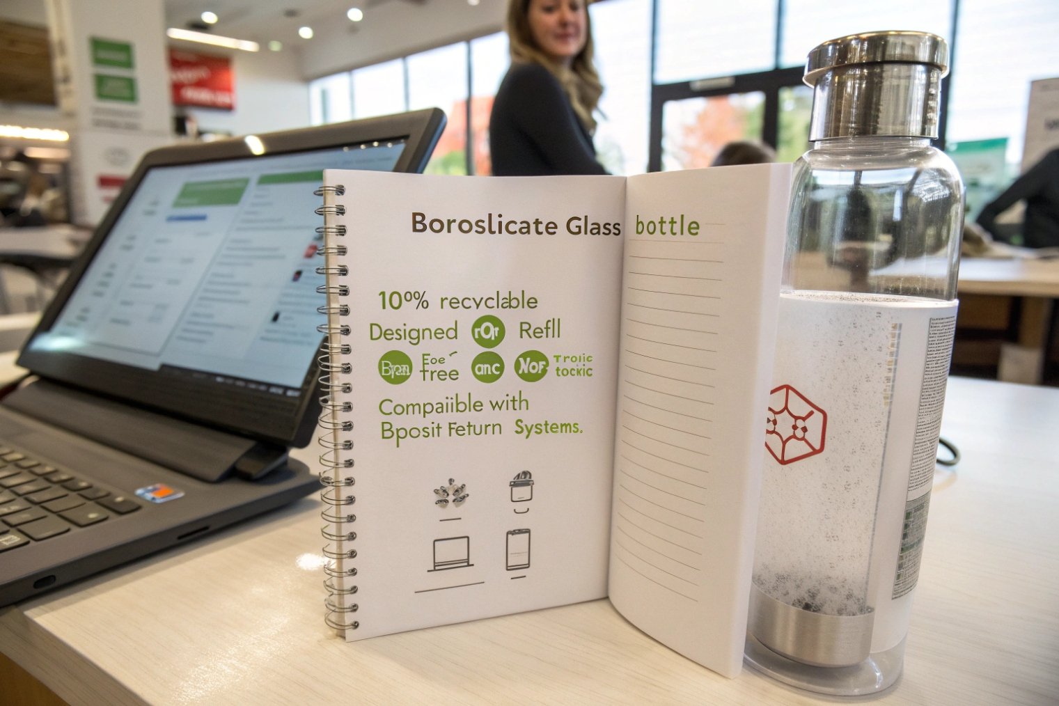 Borosilicate glass bottle sustainability benefits highlighted in marketing notebook