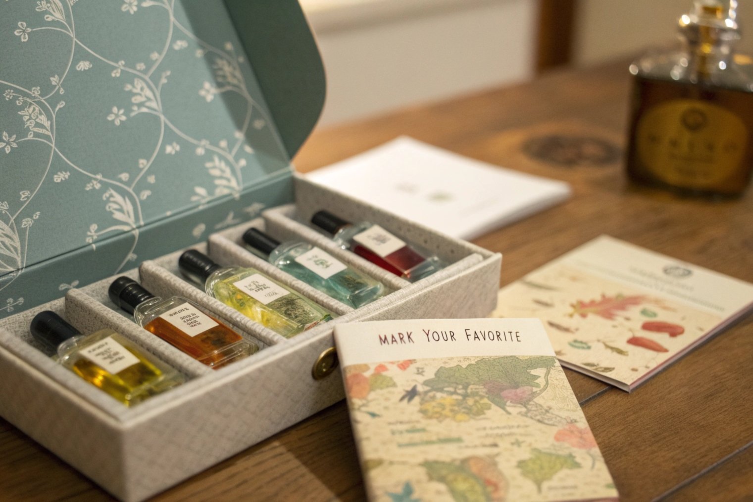 gift box set of mini glass perfume vials with sampling booklet