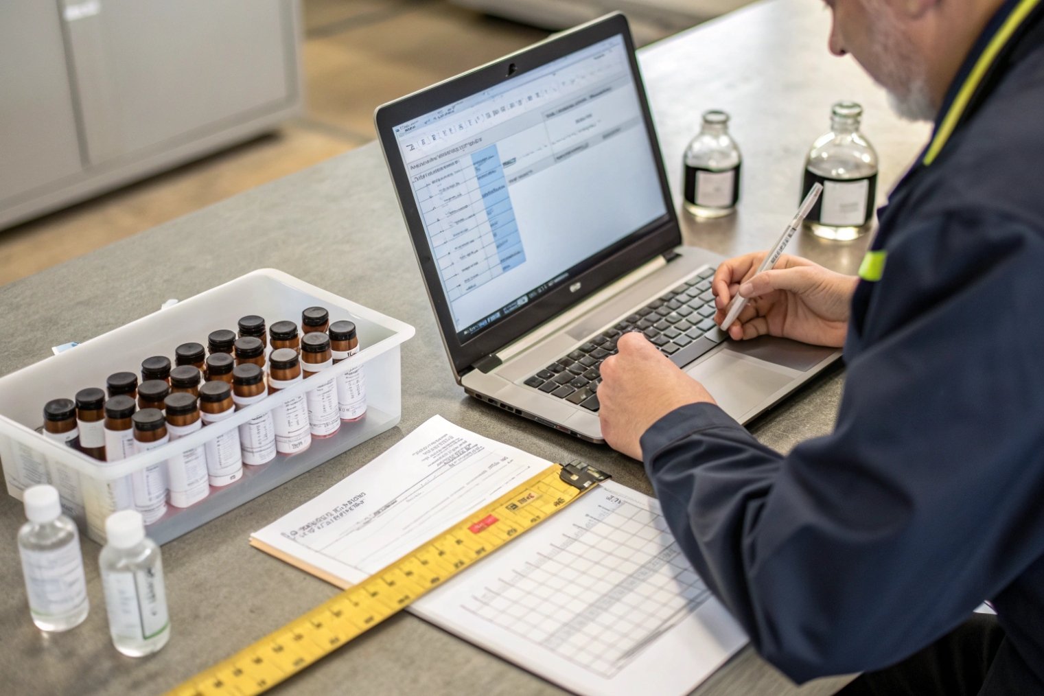 Lab technician entering test results for glass bottles samples on laptop