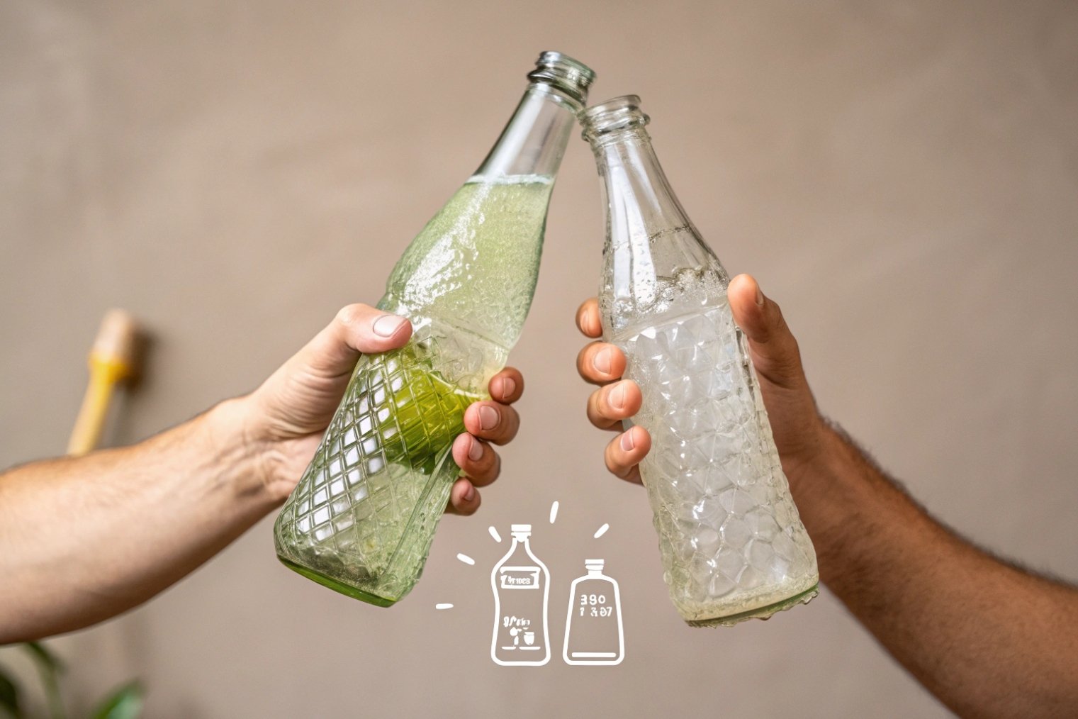 Hands clinking patterned glass soda bottles with sparkling beverages, reusable packaging concept