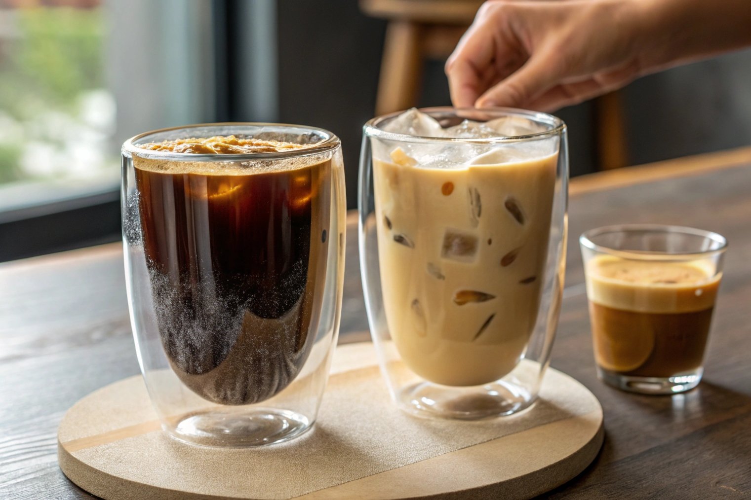 Two large double-wall glass tumblers filled with iced black coffee and iced latte on a wooden tray beside a small espresso glass