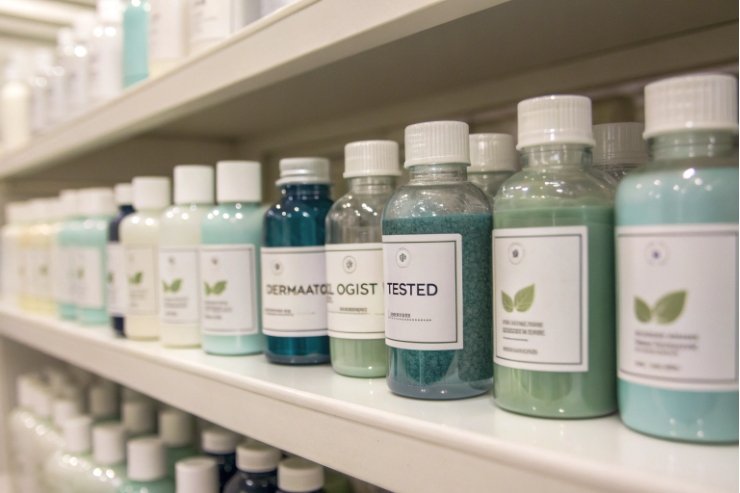 Dermatologist tested skincare in clear plastic and glass bottles on shelf