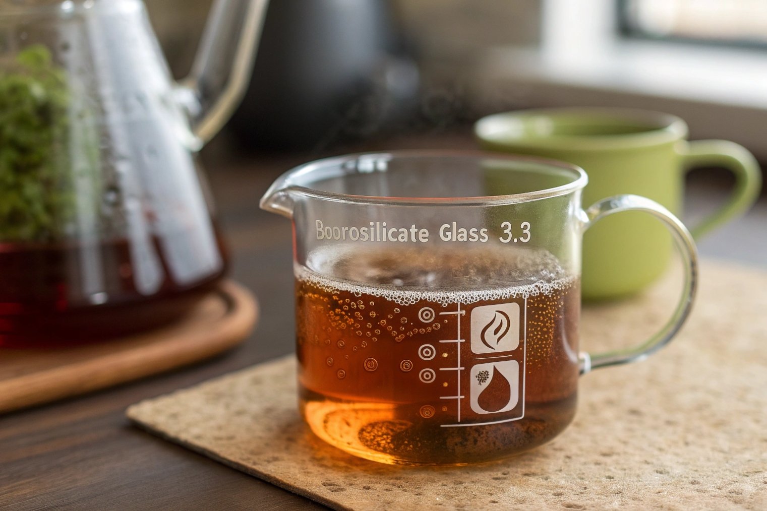 Close-up of a clear borosilicate 3.3 glass beaker mug filled with hot amber tea, measurement marks and icons printed on the side