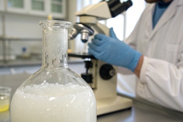 Lab flask with foamy reaction near microscope for chemical stability testing