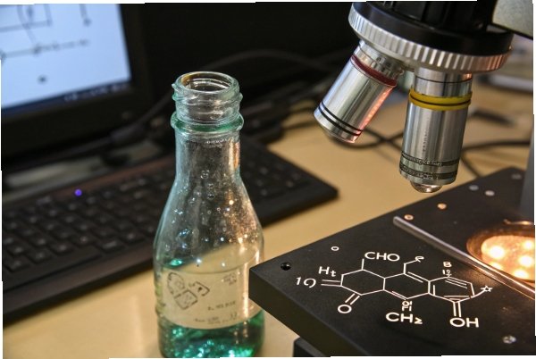 Lab glass bottle beside microscope for packaging quality inspection