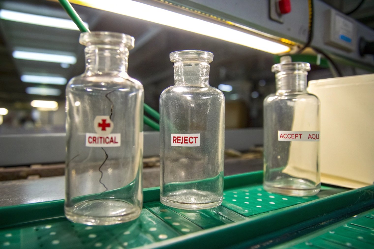 Sample glass bottles showing critical reject and acceptable quality defect categories