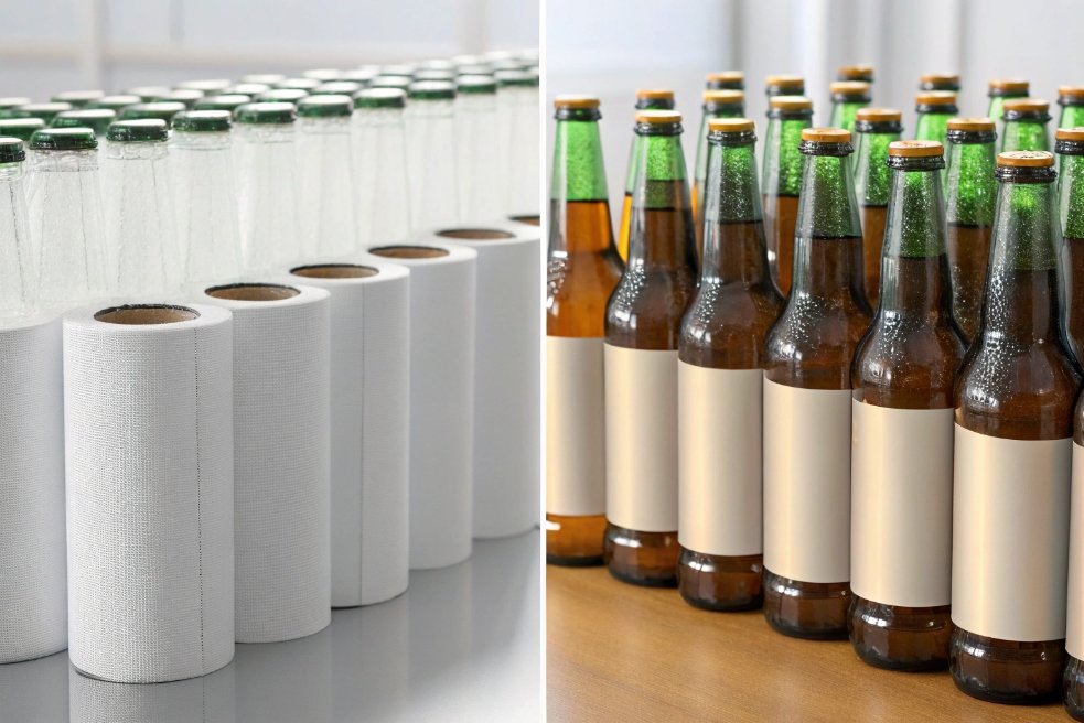 Comparison of unlabeled glass bottles and beer bottles with blank paper labels
