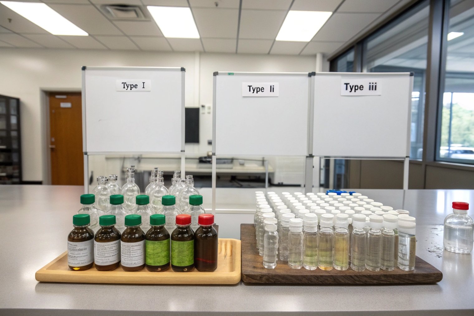 Type I II III pharma vials and sample bottles arranged for glass classification testing