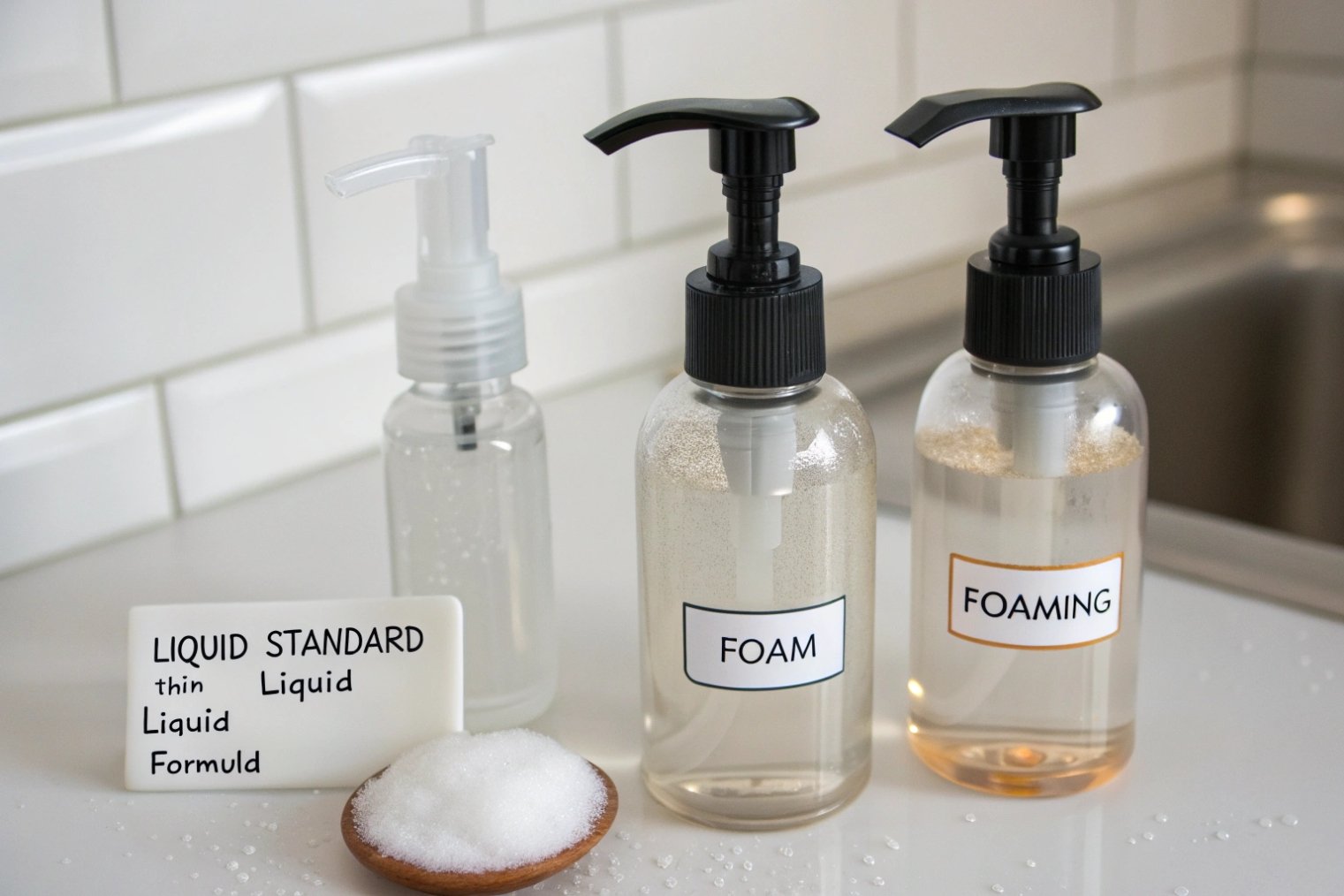 liquid and foaming soap pump bottles labeled standard foam foaming on counter