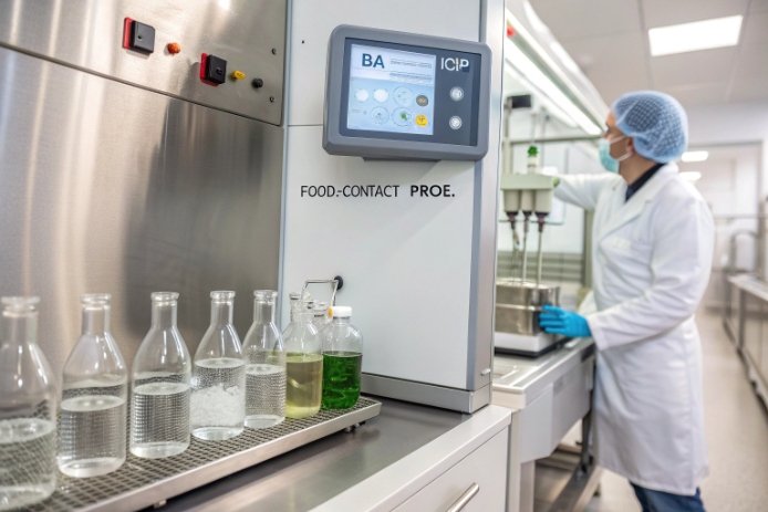 Food-contact lab technician runs migration test on glass bottles and liquid samples.