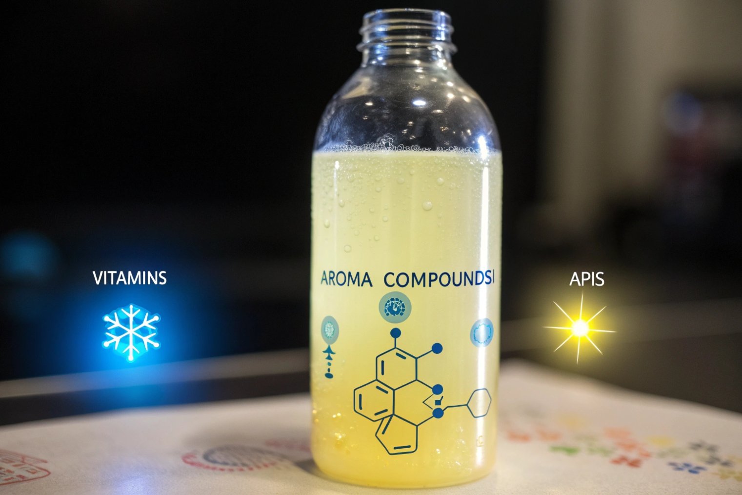 Clear glass bottle with vitamin beverage highlighting aroma compounds and active ingredients icons