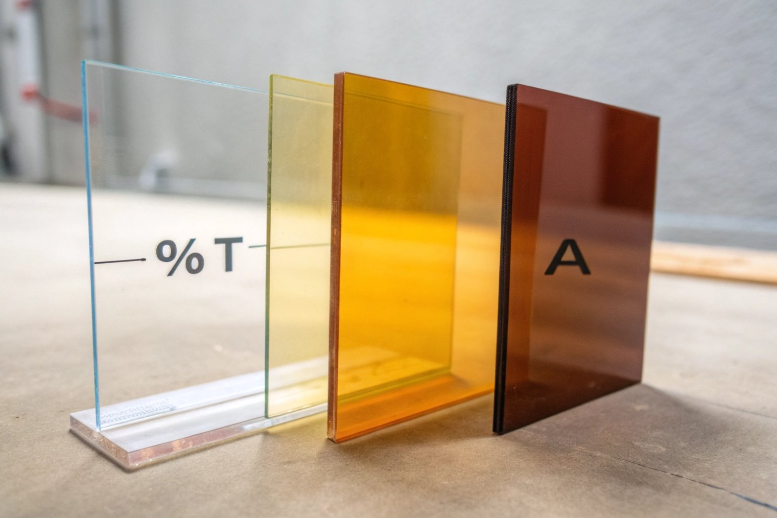 Glass panels with increasing amber color demonstrating light transmittance and absorption levels
