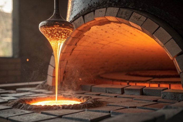 Gaffer gathering molten glass from furnace for forming operations