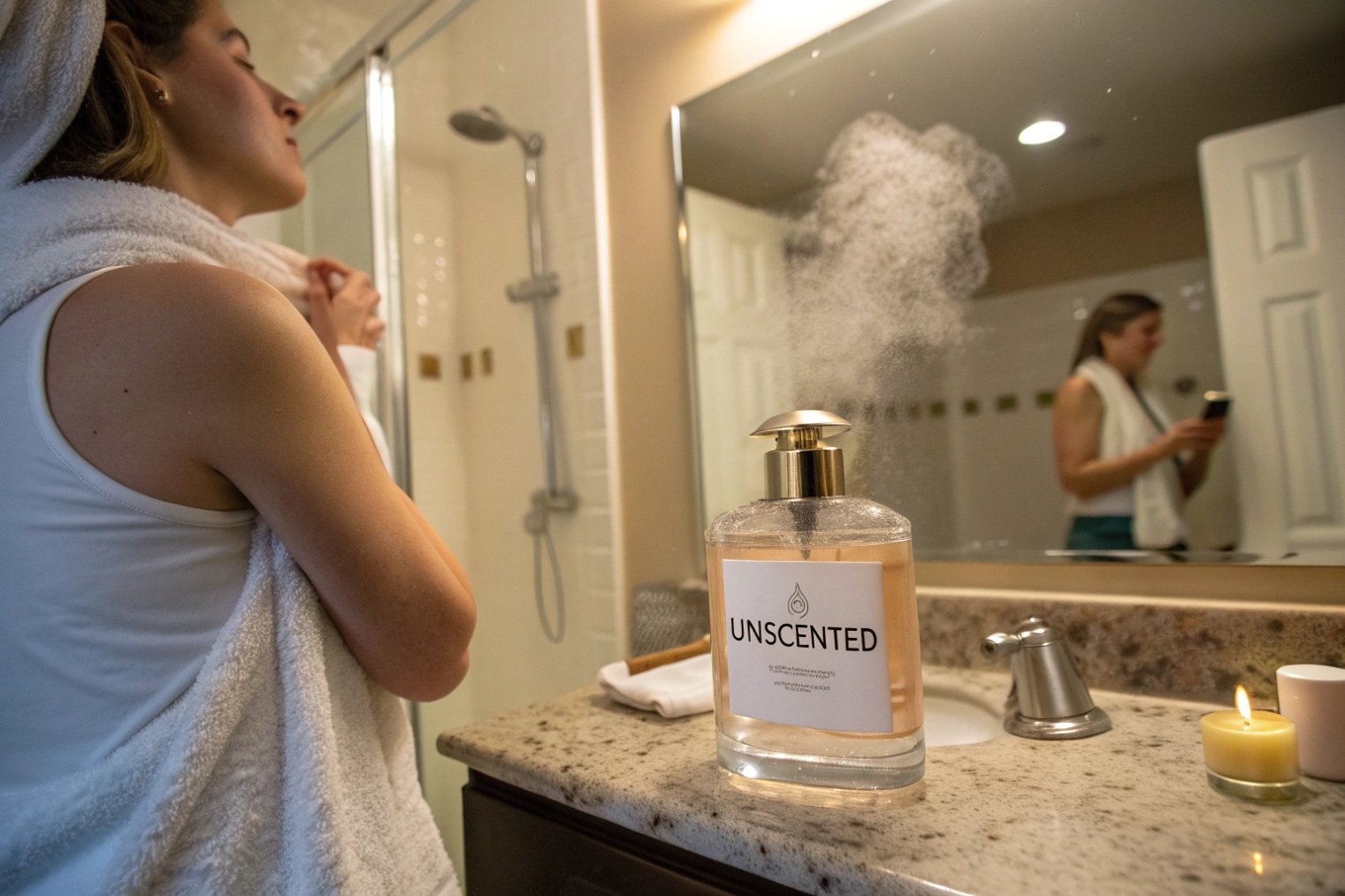 after shower, woman in towel with huge bottle labeled Unscented spraying a mist by the mirror