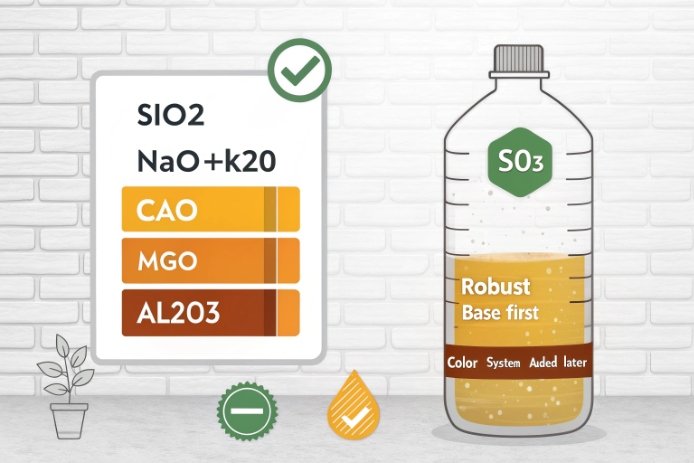 Glass recipe infographic with SiO2, Na2O+K2O, CaO, MgO, Al2O3 and SO3