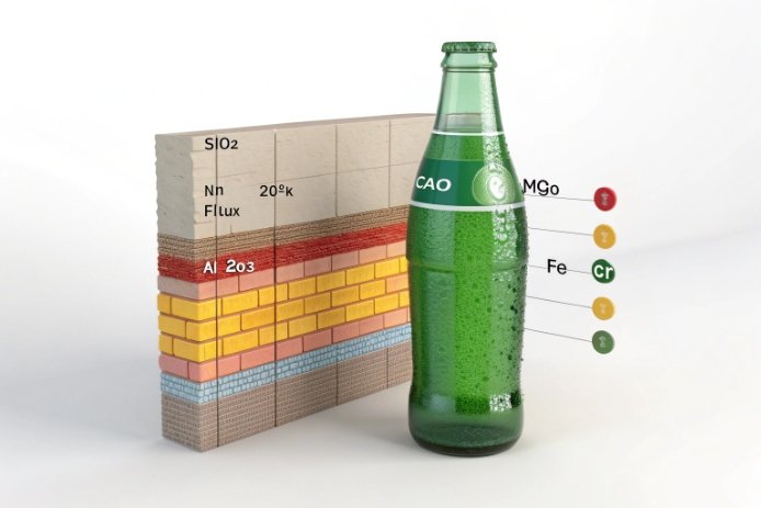 Green glass bottle beside oxide layer diagram showing SiO2, Al2O3, CaO, MgO, Fe, Cr.