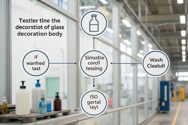 Decoration Test Flow Glass decoration durability testing workflow infographic in modern factory corridor