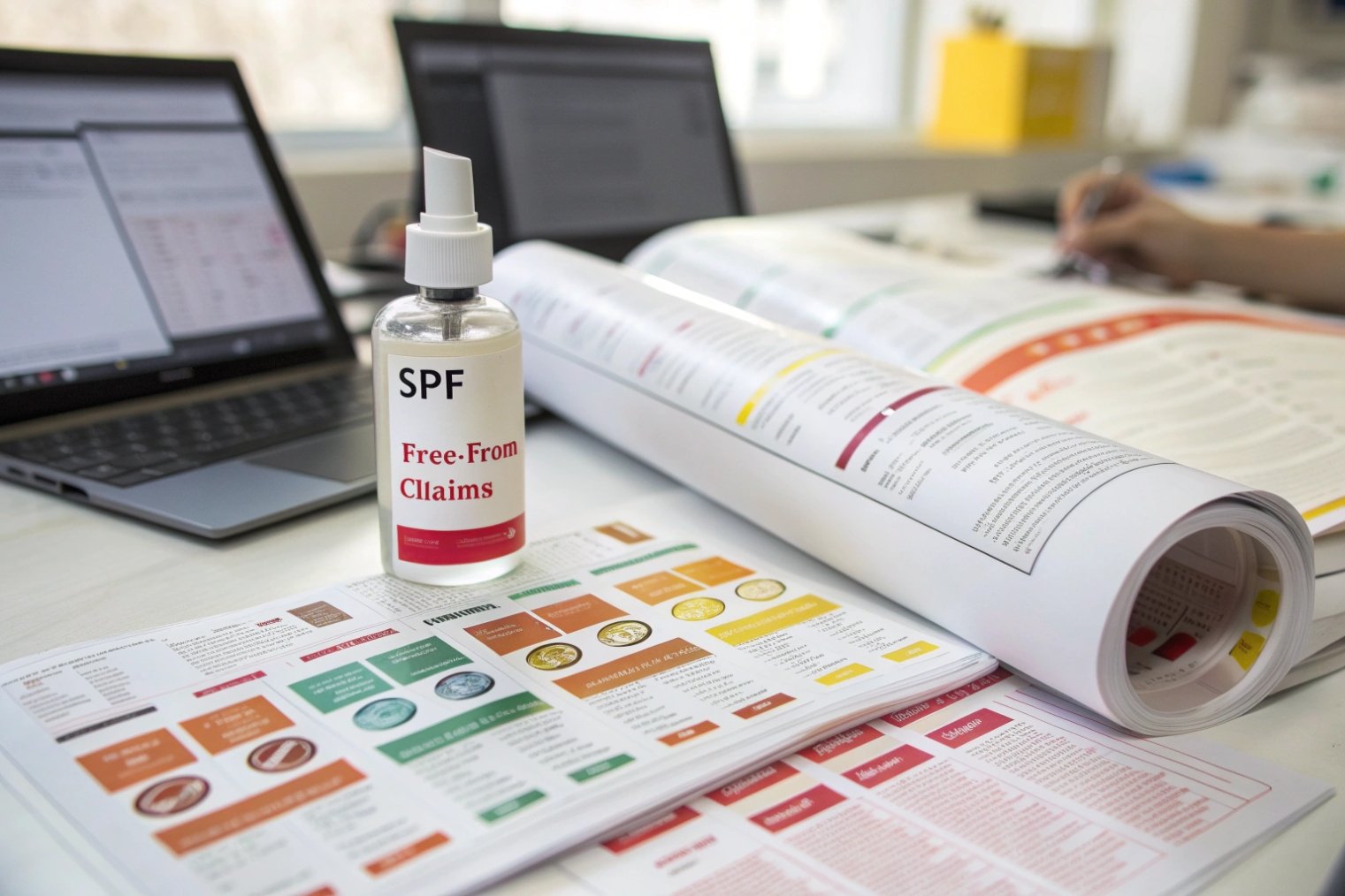 SPF skincare bottle label with free from claims during regulatory review on desk