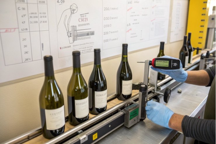Technician measuring wine bottle dimensions with gauge in quality control lab