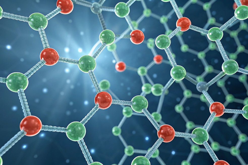 Abstract 3D molecular network showing chemical bonds for advanced glass packaging performance