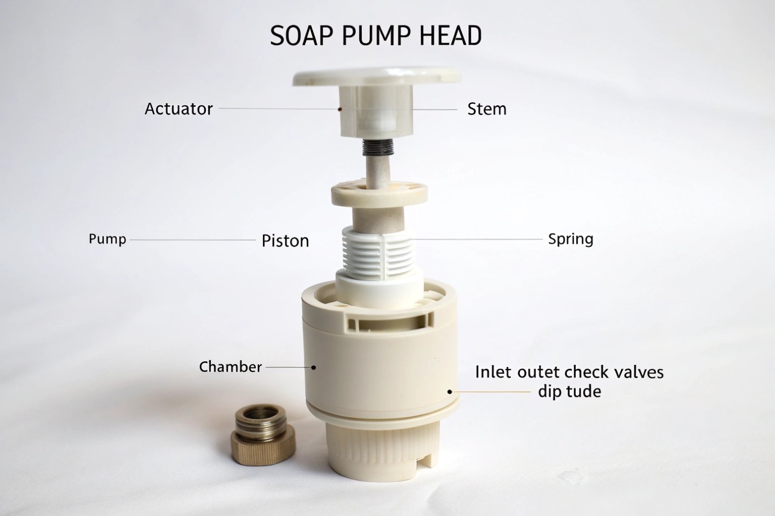 Exploded white plastic soap pump head showing actuator piston spring chamber and check valves.