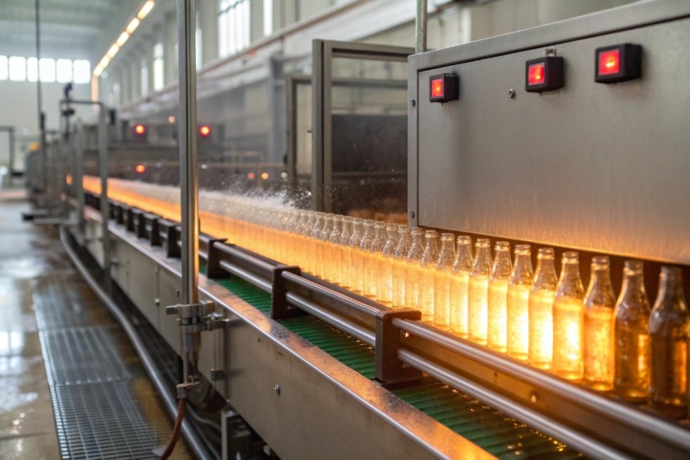 Row of hot glass bottles passing through industrial washer and thermal sterilization tunnel