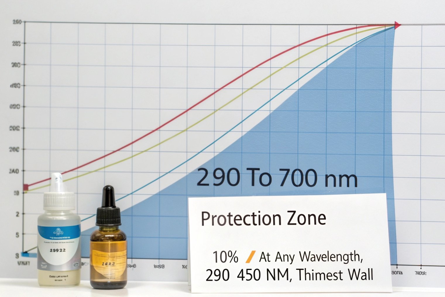 Protection zone chart from 290 to 700 nm showing 10% transmittance limit with dropper bottles in front of the graph