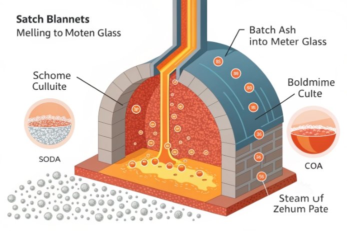 Furnace diagram illustrating batch blanket melting into molten glass with cullet and soda ash