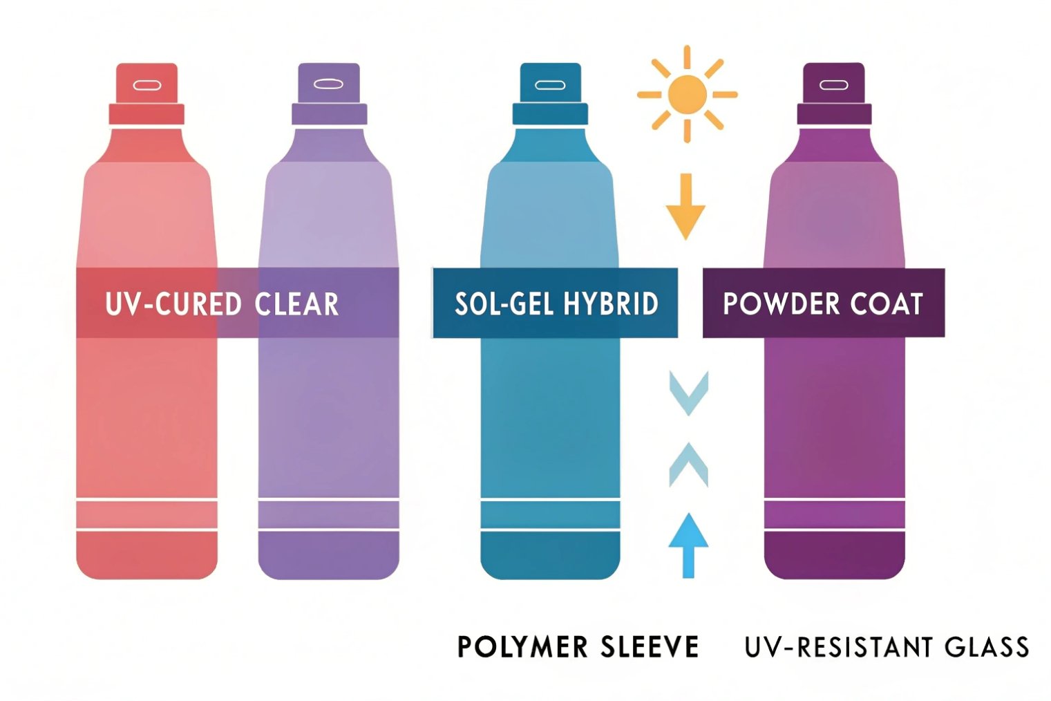 Illustrated comparison of UV-cured clear, sol-gel hybrid and powder-coat polymer sleeves on UV-resistant glass bottles