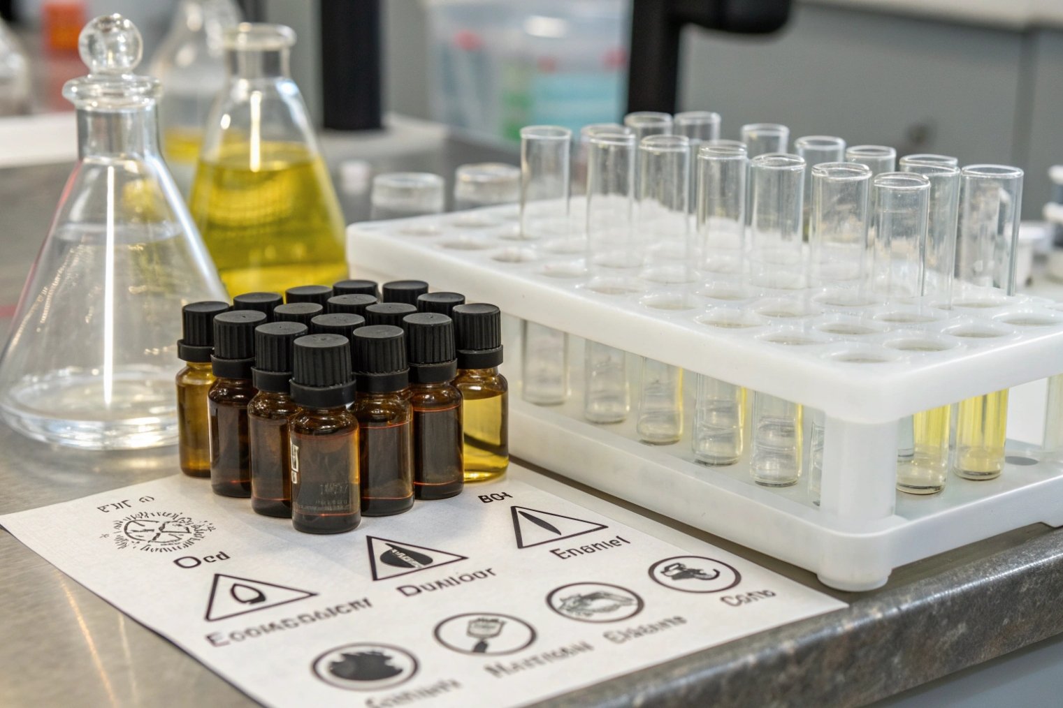 laboratory bench with amber glass sample vials and clear test tubes