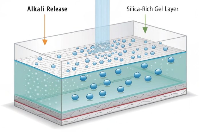 Illustration of glass corrosion in water: “Alkali Release” from the surface and formation of a “Silica-Rich Gel Layer,” with ions/bubbles shown migrating into solution.