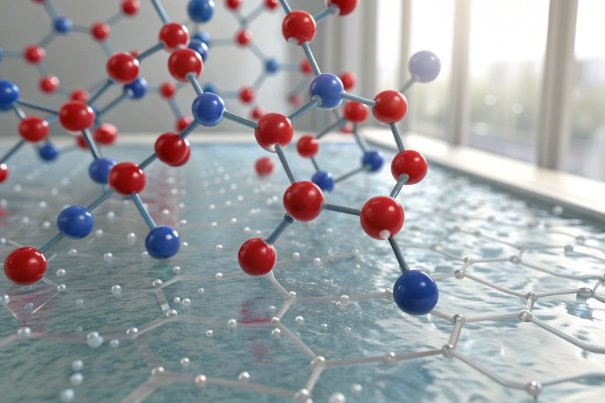 Molecular model over wet glass surface illustrating barrier structure and material bonding