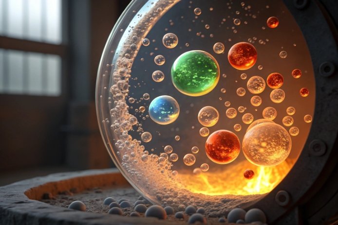 Molten glass with bubbles showing fining and seed removal inside furnace port