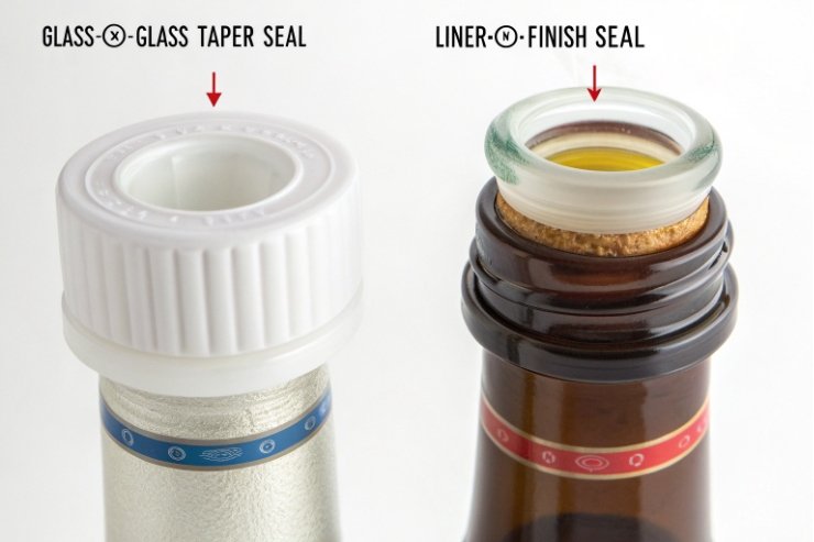 Close up comparison of glass taper seal and liner finish seal on bottles