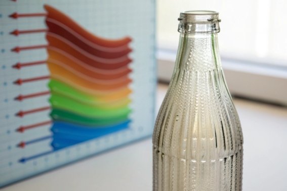 Textured clear glass bottle with thermal analysis color chart background for stress testing