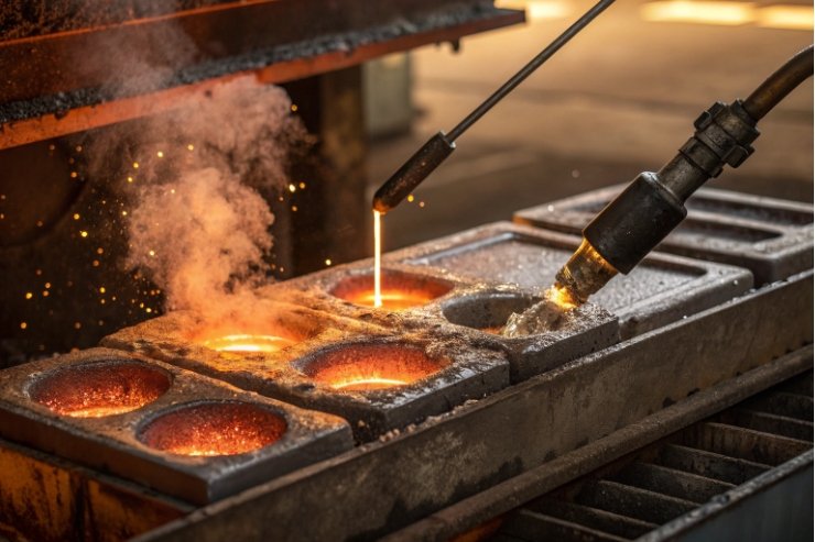 Molten glass poured into molds for bottle forming in hot-end process