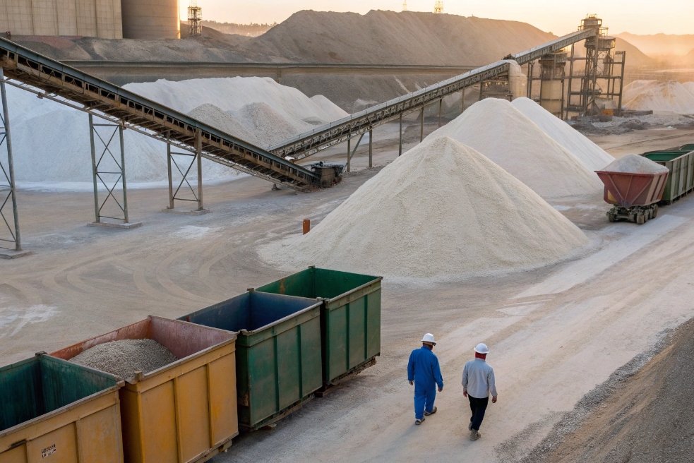 Conveyor belts moving silica sand raw material piles at glass bottle factory mine