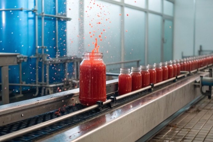Tomato sauce jars in a factory line with splashes