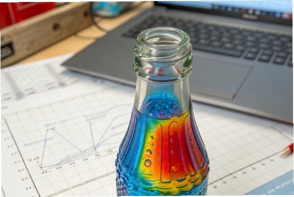 Glass bottle with rainbow stress pattern on desk beside quality charts