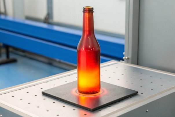 Amber glass bottle glowing on heated platform during thermal gradient evaluation