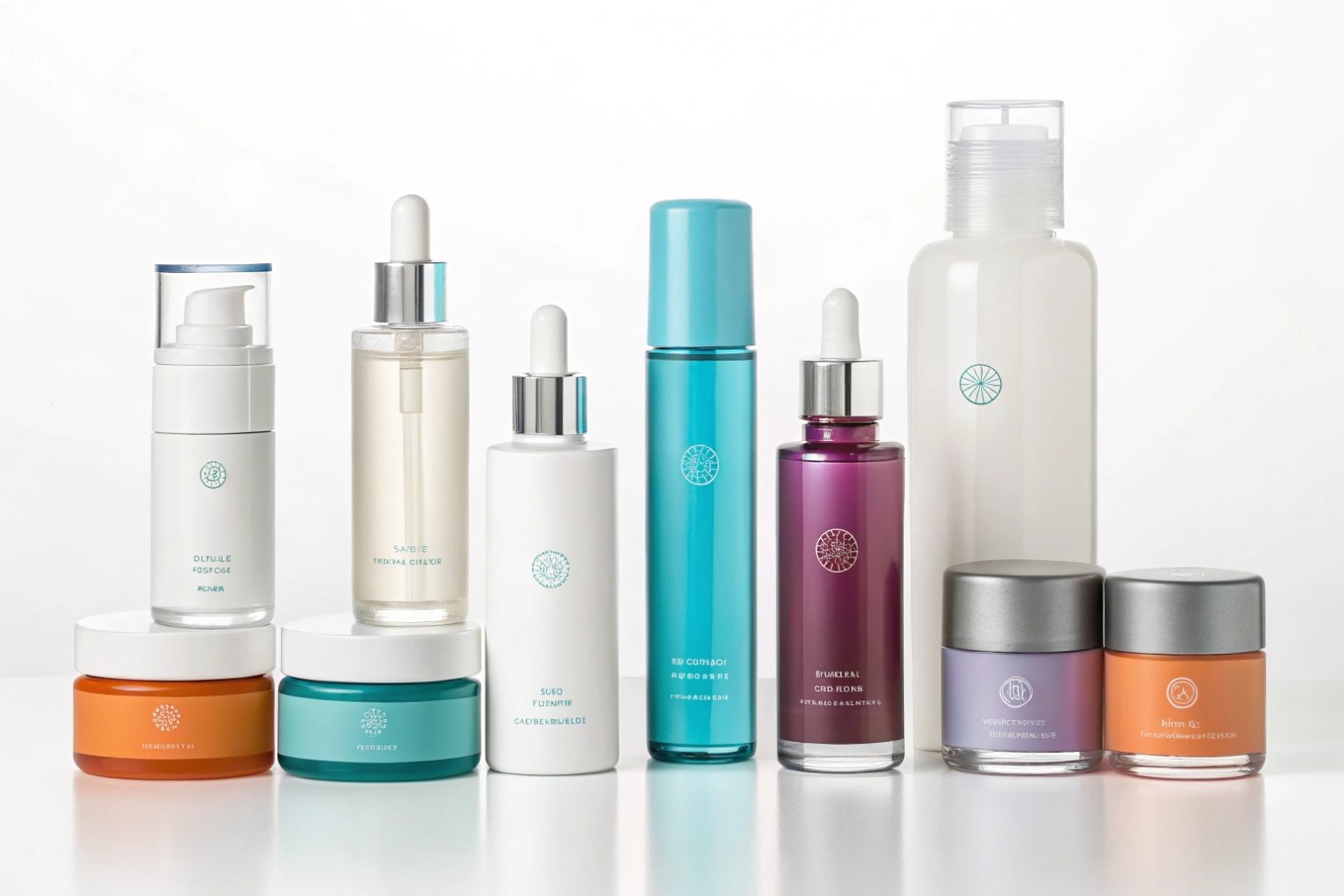 assorted colorful skincare bottles and jars in glass and plastic packaging on white background