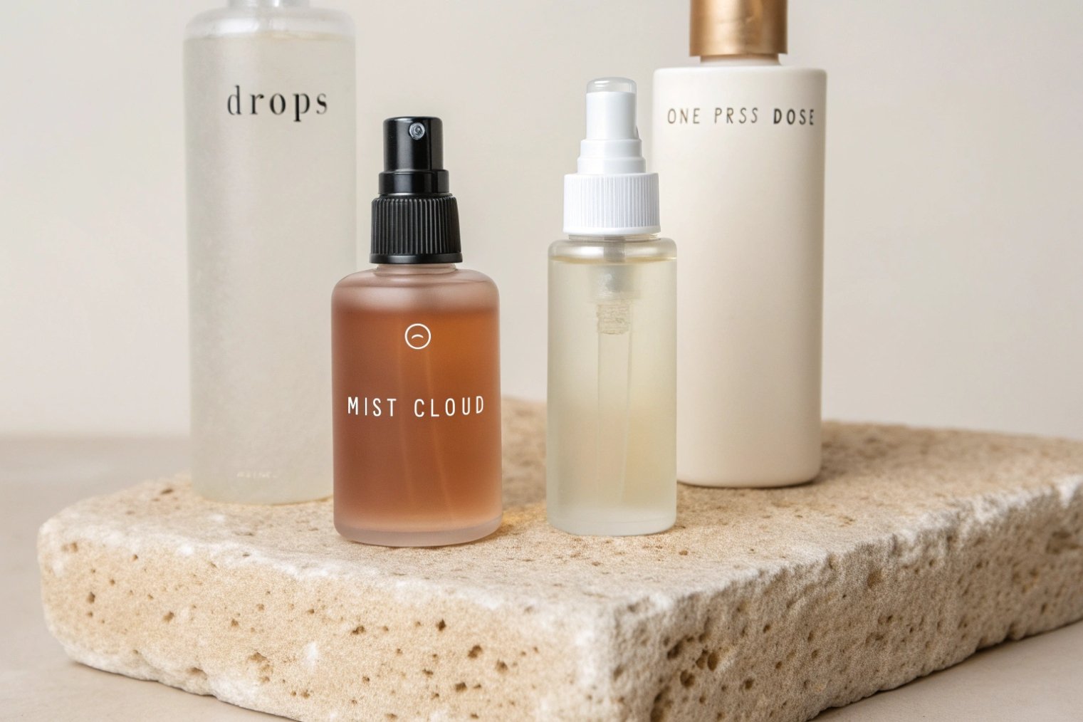 Four minimalist skincare mists on a natural stone block, including a frosted amber “Mist Cloud” bottle and slim “drops” and “One Press Dose” formats