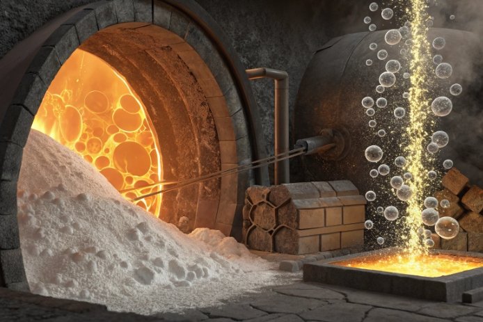 Batch pile at furnace port with bubbling melt showing fining and gas release