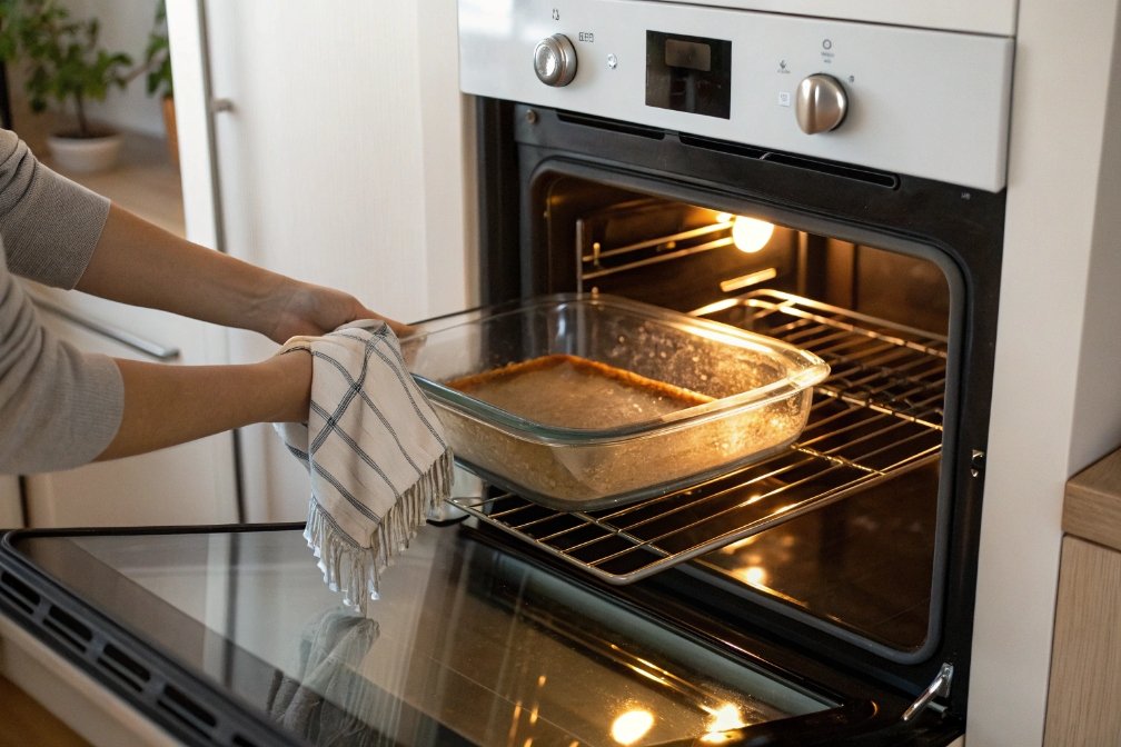 Removing freshly baked cake from oven