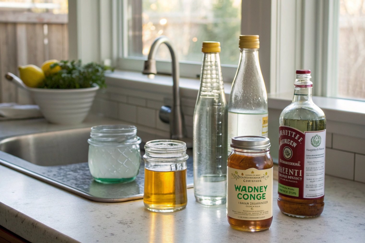 Various liquids stored in clear glass jars and bottles on a sunny kitchen countertop