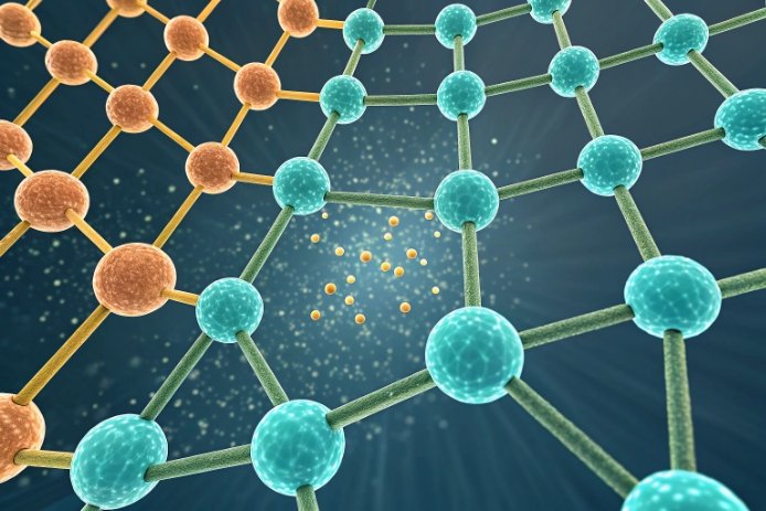 Stylized atomic/network graphic: two interconnected lattice structures in different colors with small particles/ions shown migrating through the network.
