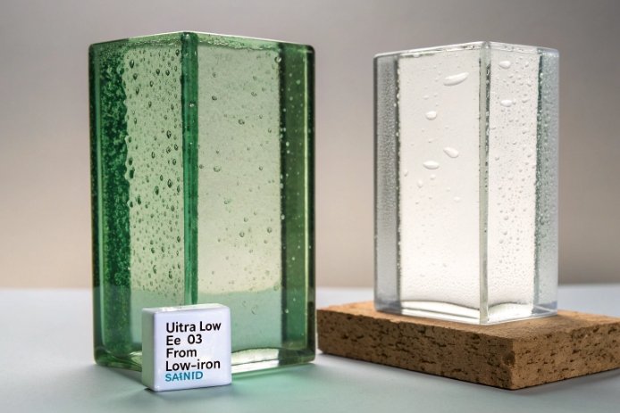 Low-iron glass block vs regular green-tinted glass, showing iron content difference.