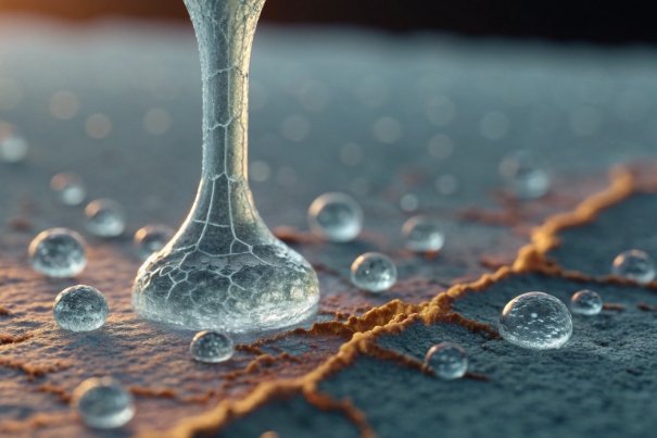 Close-up of cracked glass surface with droplets showing material stress and durability